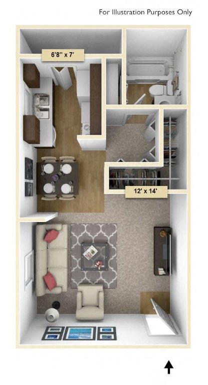 Floor plan for studio, 1 bath, 409 sqft